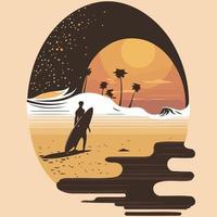 artistic beach scene with surfer person at sunset vector