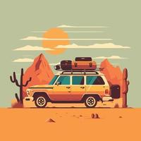 Classic car with suitcases traveling in the desert at sunset vector
