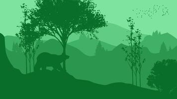 vector illustration of a lanscape Silhouette of a bear in the forest with a green theme