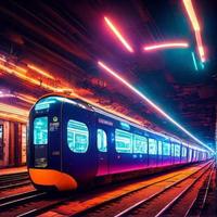 concepto Arte de subterráneo tren túnel en neón futuro ciudad, generativo Arte por ai foto