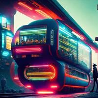 concept art of transport car bus with people crowd in neon future city, generative art by A.I. photo