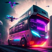 concept art of transport train bus in neon future city, generative art by A.I.
