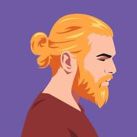 retrato de un hermoso hombre cara lado vista. rubio, barbado, cola de caballo cabello. avatar para social medios de comunicación. de colores. para perfil, plantilla, imprimir, pegatina, póster, etc. plano vector ilustración.