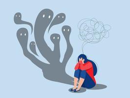 Fear attack concept  girl sitting on floor and struggling with inner fears and psychological disorders problems with mental health and psychology.  phobia Cartoon flat vector illustration