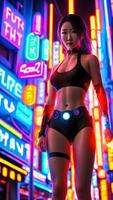 ciencia fi futurista mujer en traje batalla lucha escena con neón ligero , generativo Arte por ai