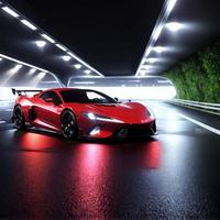 moderno deporte coche en el túnel a noche, generativo Arte por ai foto