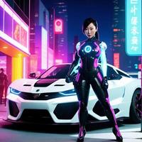 futuristic sci fi woman wearing armor suit with racing car, generative art by A.I.