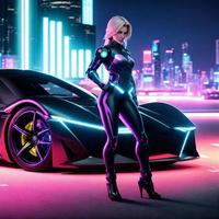 futuristic sci fi woman wearing armor suit with racing car, generative art by A.I.