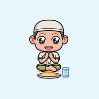 linda dibujos animados musulmán chico Orando antes de comiendo vector