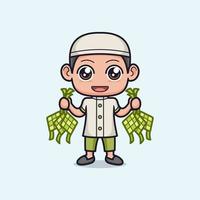 linda musulmán chico dibujos animados con ketupat vector