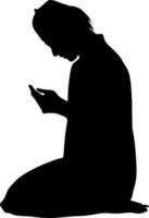 Arábica hombre Orando silueta, negro blanco fondo, vector ilustración