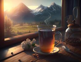 Mañana té con un vista, disfrutando un taza de caliente té con un montaña paisaje mediante el ventana, ai generado foto