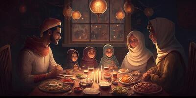 calentar y unión a iftar, familia retrato, ai generado foto