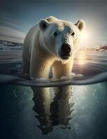 polar oso retrato siendo en un charco de glacial agua en Antártida, ai generado foto