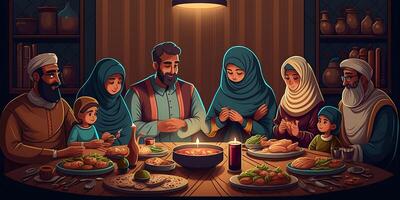 calentar y unión a iftar, familia retrato, ai generado foto