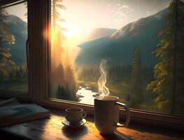 Mañana té con un vista, disfrutando un taza de caliente té con un montaña paisaje mediante el ventana, ai generado foto