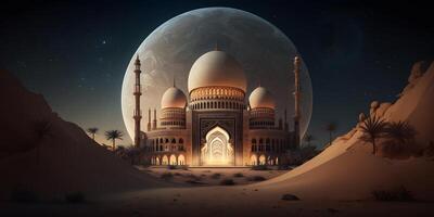 magnífico mezquita iluminado por luz de la luna durante lleno luna, ai generado foto