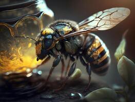miel abeja junto a el frasco, el abeja reina cerca arriba, ai generado