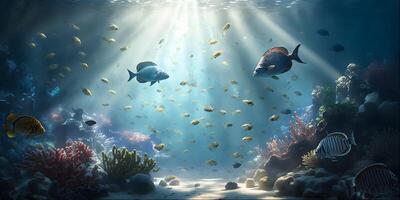 Exotic Fish and Beautiful Coral Reefs in Clear Underwater Scenery, Ai Generated photo