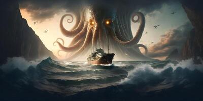 kraken o cthulhu ataque en Embarcacion en el océano, ai generado foto