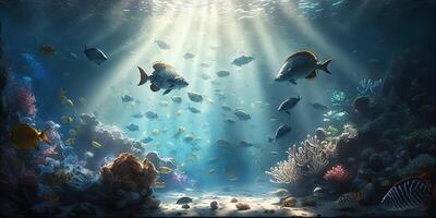exótico pescado y hermosa coral arrecifes en claro submarino escenario, ai generado foto