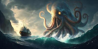 kraken o cthulhu ataque en Embarcacion en el océano, ai generado foto