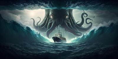 kraken o cthulhu ataque en Embarcacion en el océano, ai generado foto