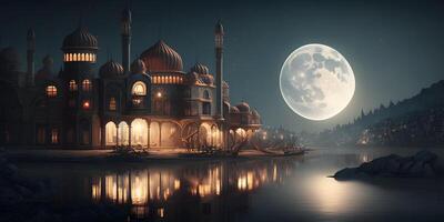 Magnificent Mosque Illuminated by Moonlight during full moon, photo