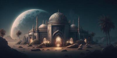 Magnificent Mosque Illuminated by Moonlight during full moon, photo