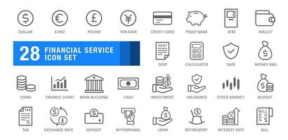 Financial service icon set. Investment, stock market, finance, calculator, atm, tax, debt. Vector illustration