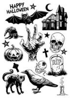 set of hand drawing of haloween objects in black and white vector