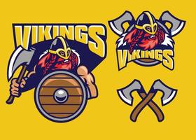 viking mascot set with axes and shield vector