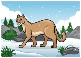 cartoon cougar illustration in the snowy mountain vector