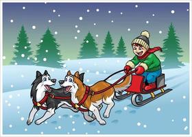 happy boy riding the sleigh with huskies dogs vector