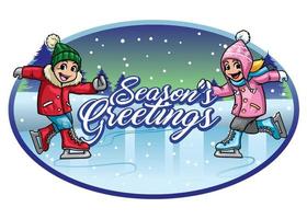 kids ice skating seasons greetings vector