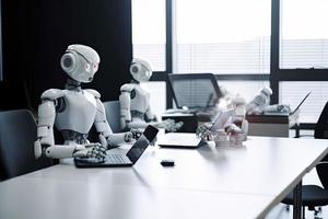AI robots meeting and working on laptop on table in office photo