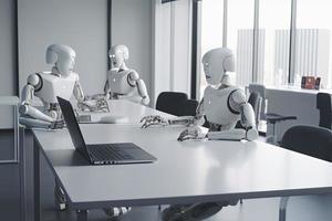 AI robots meeting and working on laptop on table in office photo