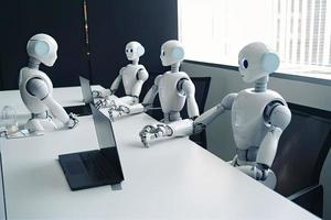 AI robots meeting and working on laptop on table in office photo