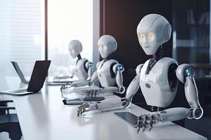 AI robots meeting and working on laptop on table in office photo