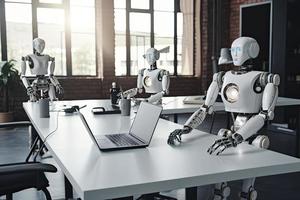 AI robots meeting and working on laptop on table in office photo