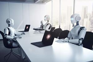 AI robots meeting and working on laptop on table in office photo
