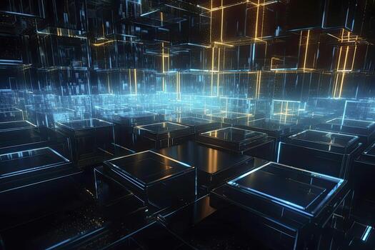 Abstract technology big data background concept. Artificial intelligence tech. Big data and cybersecurity. Transfer and storage of data sets, blockchain, server. Colorful background photo