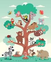 dibujos animados animales en un árbol vector