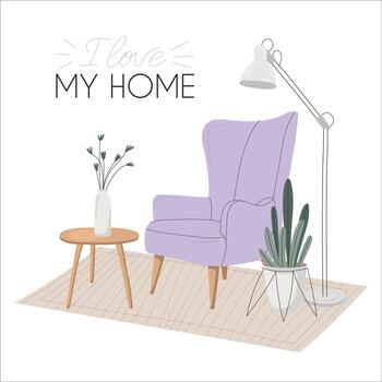 Cute interior with lavender armchair, indoor plant. Luttering. Postcard with interior elements. Flat illustration, hand drawn style. Vector stock illustration isolated on white background.