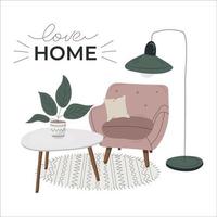 Cozy interior with armchair, indoor plant, coffee table. Luttering. Postcard with interior elements. Flat illustration, hand drawn style. Vector stock illustration isolated on white background.