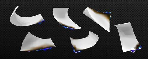 Burning paper sheets with blue fire fly in air vector