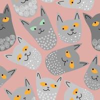 Seamless pattern with the heads of gray funny cats. Cute children pattern on a pink background. Vector illustration for wrapping paper, wallpaper, fabric, gift decoration, backgrounds, wrapping paper.