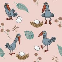 Seamless pattern with funny birds, eggs and leaves on a pink background. In the style of the cartoon. For banners, textiles, wrapping paper, Wallpaper, etc. Vector illustration.