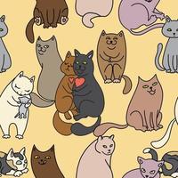 Seamless pattern with various cats. Cute funny design for decorating children's things. Bright vector illustration.