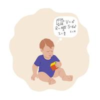 Little prodigy solves the geometry problem in the mind. Child examines a cube drawn in a cartoon style. For postres, postcards, web design, etc. Vector illustration.